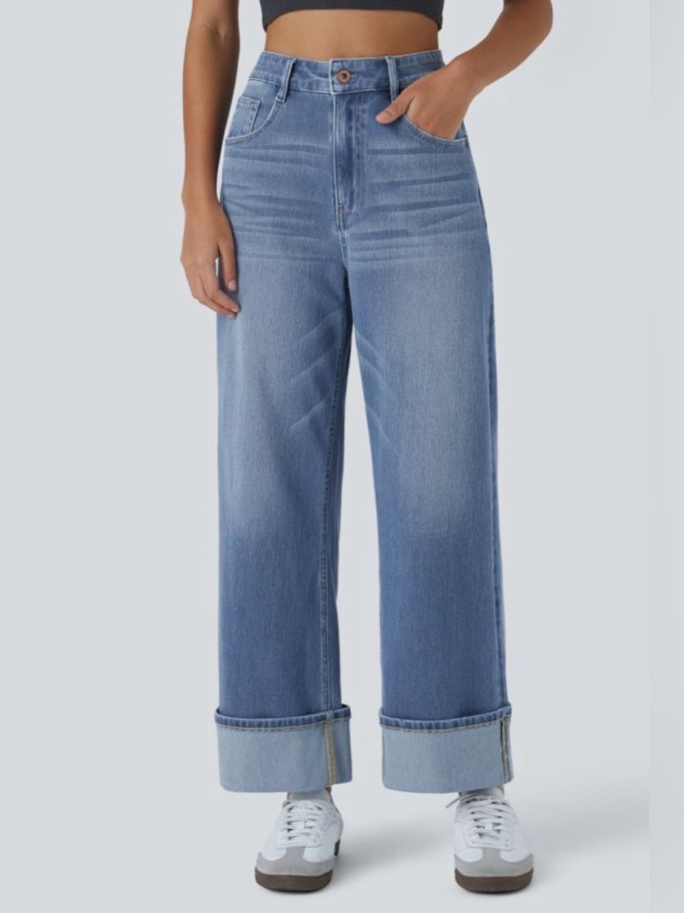 Halara Flex High Waisted Pockets Rolled Hem Wide Leg Washed Casual Jeans Size MP